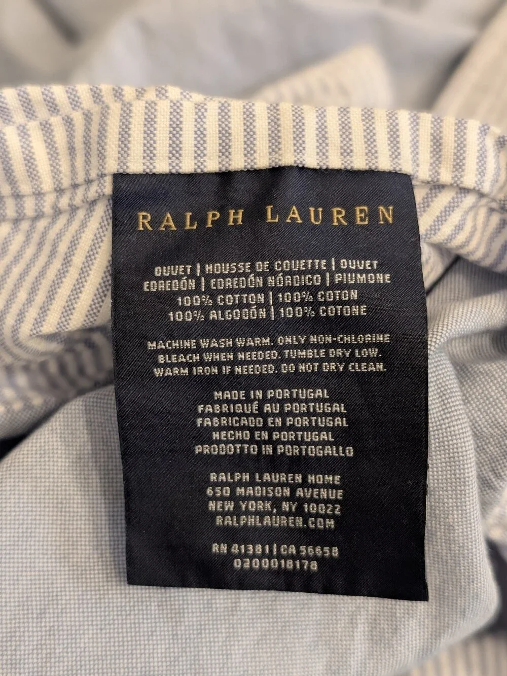 Ralph Lauren King Cotton Oxford Duvet Cover Light Blue Striped Reversible Luxury